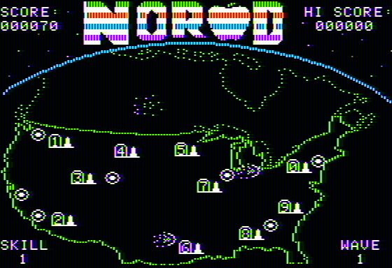Norad (Apple II) screenshot: A missile gets shot down somewhere over Canada