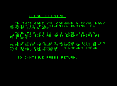 Atlantic Patrol (Commodore PET/CBM) screenshot: Introduction screen