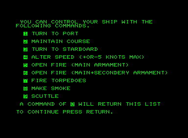 Atlantic Patrol (Commodore PET/CBM) screenshot: Controls, not very intuitive