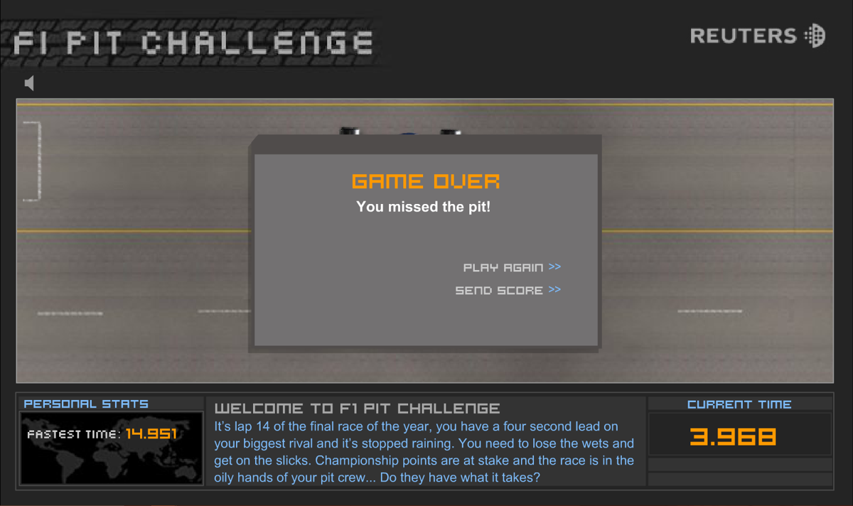 F1 Pit Challenge (Browser) screenshot: You missed the pit!