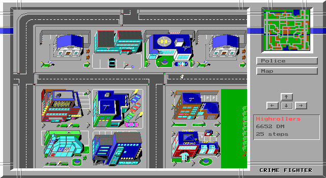 Crime Fighter (DOS) screenshot: This is the overhead map of how you move through the city