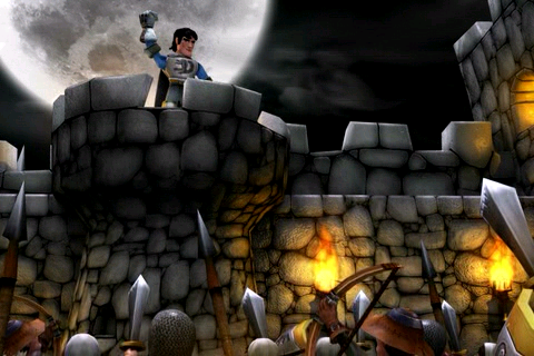 Army of Darkness: Defense (iPhone) screenshot: Intro: Then, he finds himself rallying his medieval jailers in order to prevent the Deadite hordes from obtaining the magical book. That brings us to the present.