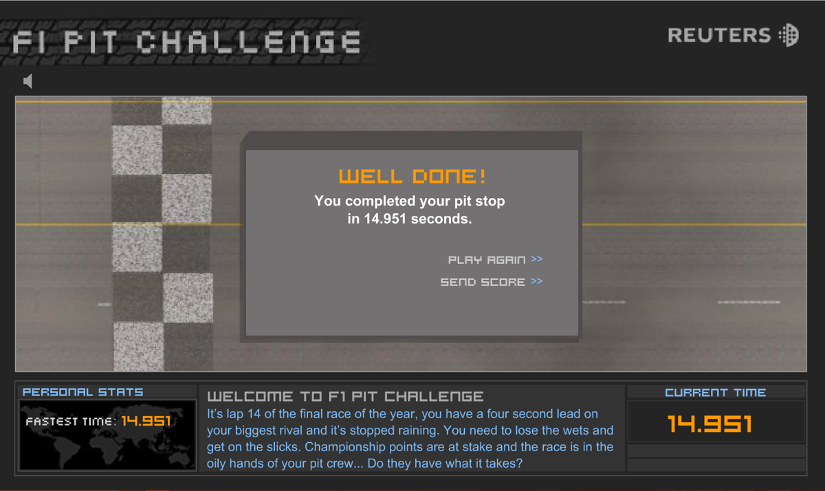 F1 Pit Challenge (Browser) screenshot: Across the line.