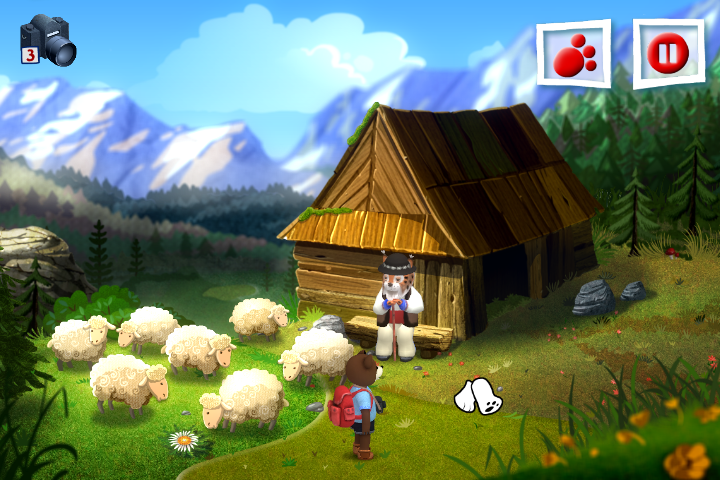 Teddy Floppy Ear: Mountain Adventure (Windows) screenshot: I love big cats (though it's a lot of exaggeration to call lynxes "big cats"), and it's oh so cute how this lynx is a shepherd with no aggression whatsoever towards his sheep. ;)