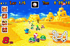 Mario Kart: Super Circuit (Game Boy Advance) screenshot: Protected by the triple green shells at Cheese Land.