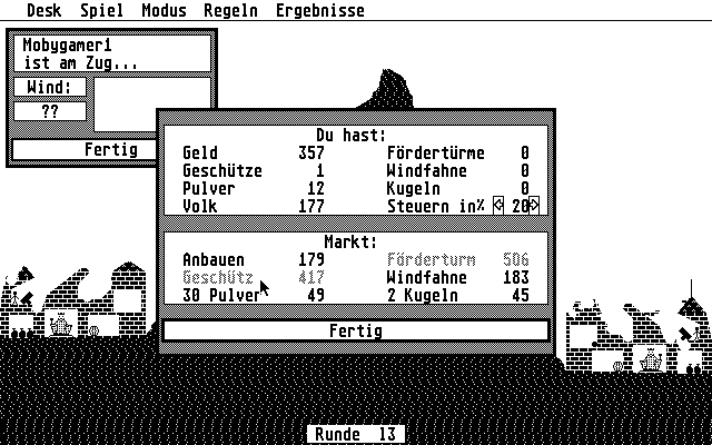 Ballerburg (Atari ST) screenshot: The overview screen of the economic aspects of the game
