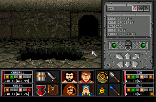 Black Crypt (Amiga) screenshot: We can travel between the games 28 levels in different ways. Often we use the stairs, but in this case, we will drop down a pit.