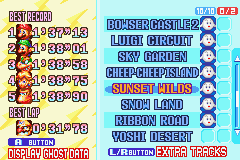 Mario Kart: Super Circuit (Game Boy Advance) screenshot: You can watch replays (ghost data) of ten of your best time trial attempts.
