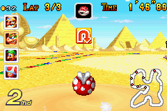 Mario Kart: Super Circuit (Game Boy Advance) screenshot: Swallowed by a piranha plant at the twisting Yoshi Desert track.