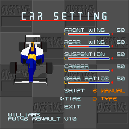 Overtake (Sharp X68000) screenshot: Car Setting menu, note "suspention"