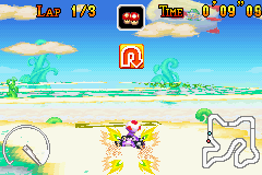 Mario Kart: Super Circuit (Game Boy Advance) screenshot: Using the mushroom for a boost of speed during a time trial race at Sky Garden.