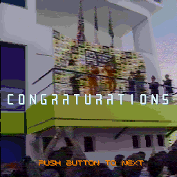 Overtake (Sharp X68000) screenshot: "Congraturations" screen is shown when you finish on the podium