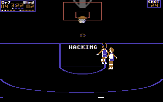 One-on-One (Commodore 64) screenshot: Hacking, no not the computer type, is on of the penalties