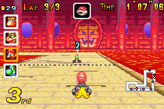 Mario Kart: Super Circuit (Game Boy Advance) screenshot: Protecting my back with a banana by holding down the left shoulder button on the Bowser Castle 1 track.