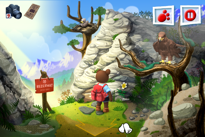 Teddy Floppy Ear: Mountain Adventure (Windows) screenshot: Teddy first found glasses among the garbage, then gave them back to the eagle... and now we meet the bespectacled eagle again.
