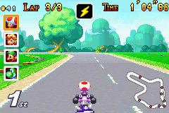 Mario Kart: Super Circuit (Game Boy Advance) screenshot: Race leader Toad about to be hit by an unstoppable purple shell at Mario Circuit.