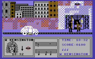 Paul McCartney's Give My Regards to Broad Street (Commodore 64) screenshot: Picking up the first piece of music by meeting a band member at the right tube station.
