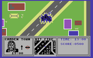 Paul McCartney's Give My Regards to Broad Street (Commodore 64) screenshot: Occasionally another car will be on the road. If you don't avoid them you'll crash and be sent back to the start.