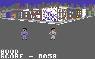 Breakdance (Commodore 64) screenshot: If you successfully match all the moves in a sequence, you get to continue.