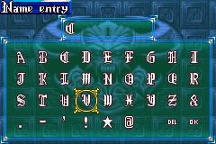 Castlevania: Harmony of Dissonance (Game Boy Advance) screenshot: Input your name (it's funny. Why is there only the English alphabet in this Japanese version?)