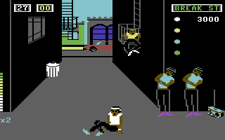 Break Street (Commodore 64) screenshot: Playing the timed routine, Whiprock is doing some basic foot work.