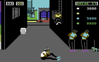 Break Street (Commodore 64) screenshot: Whiprock failed at doing a particularly difficult set of ground move transitions. He may have sprained his tail bone judging from the tears he cries.