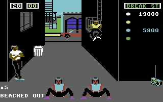 Break Street (Commodore 64) screenshot: Double Trouble pushes too hard and gets "beached out" from lack of energy. Notice how red they are.