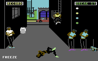 Break Street (Commodore 64) screenshot: D-Dog comes out of the hand spin into a freeze.