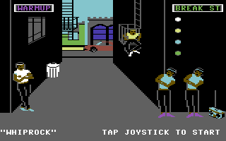 Break Street (Commodore 64) screenshot: The main screen, where you can choose the dancer to use and what type of game to play.