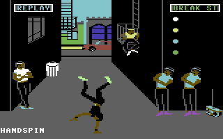 Break Street (Commodore 64) screenshot: D-Dog is so cool that he doesn't sit with the other dancers on the main screen. If you choose him, he will moon walk into the play area. Here he is busting a difficult hand spin.