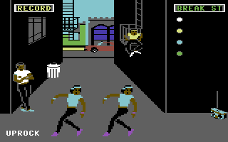 Break Street (Commodore 64) screenshot: Both dancers in the Double Trouble pair do the same move, this is uprock which is a good way to restore your energy during your routine.