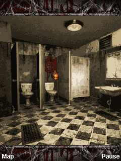 Silent Hill: Orphan (J2ME) screenshot: The bathroom. Examine the symbol on the wall to go to the bloody version of the world.