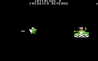 Frantic Freddie (Commodore 64) screenshot: Interlude two. Freddie's revenge in the form of a tank!
