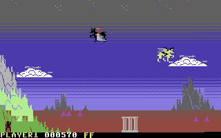 Pegasis (Commodore 64) screenshot: I have knocked one opponent off his mount and must attack the other.