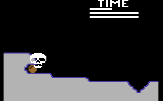 Snokie (Commodore 64) screenshot: Touching anything lethal, like this brown boulder, kills your penguin, replacing him with a winking skull.