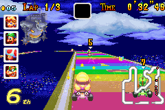 Mario Kart: Super Circuit (Game Boy Advance) screenshot: Racing at the new Rainbow Road.