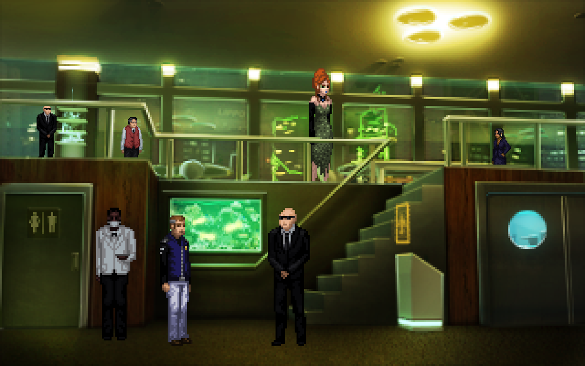 Technobabylon (Windows) screenshot: A conspiratory meeting in a restaurant which seems to have taken some inspiration from classic games such as "Laura Bow and the Dagger of Amon-Ra".