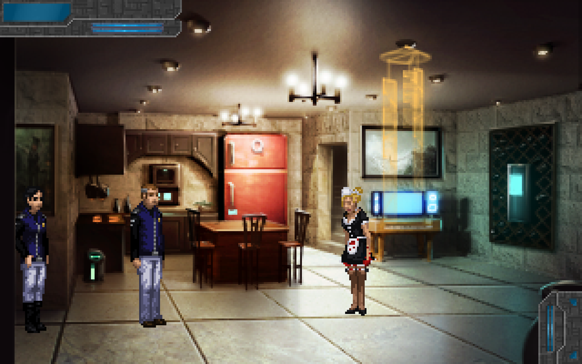 Technobabylon (Windows) screenshot: In the kitchen of Mr. and Mr. van der Waal. While I have a preference for older games, queer characters are definitely an advantage of newer ones - 25 years ago the issue still seemed "inappropriate".