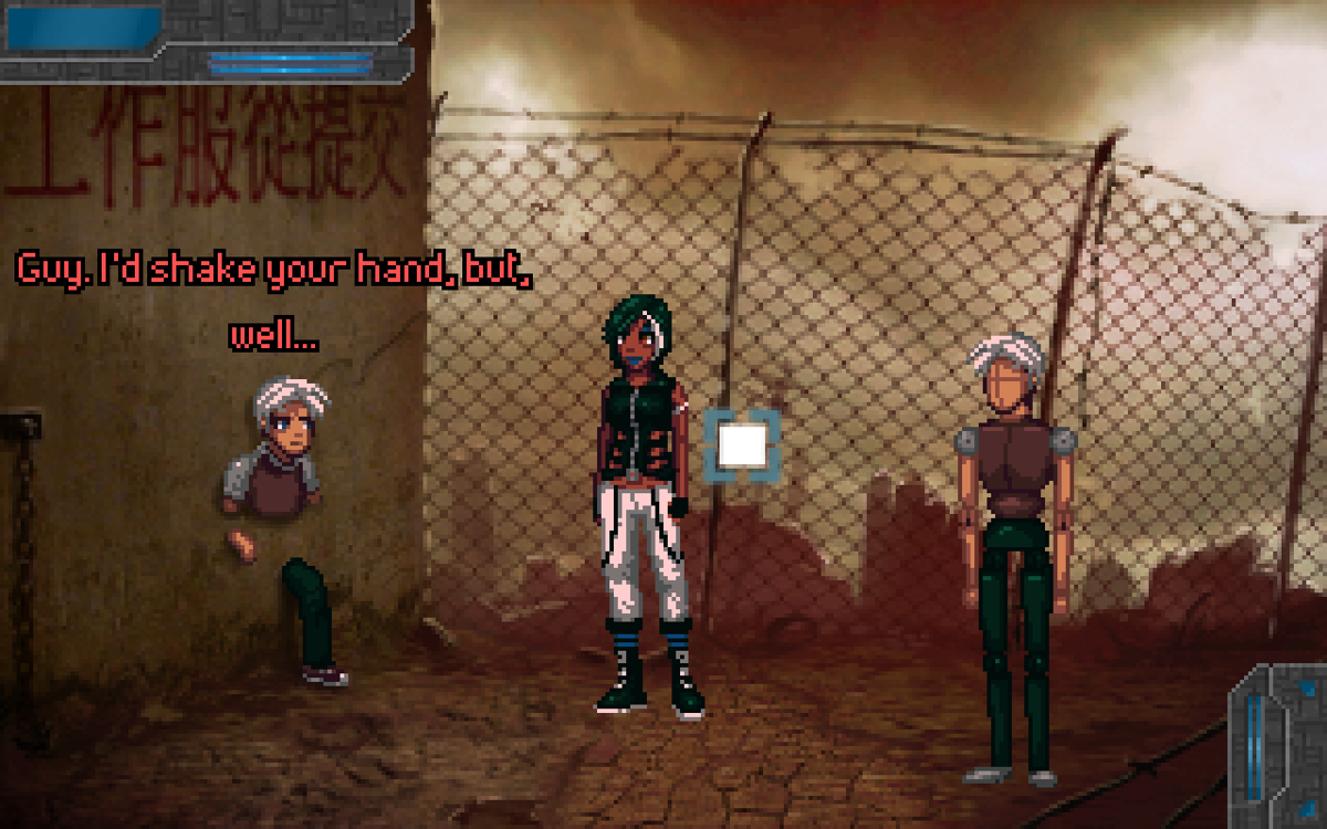 Technobabylon (Windows) screenshot: Have Latha use her considerable technical skills to help this guy out of the wall.