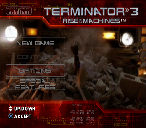Terminator 3: Rise of the Machines (PlayStation 2) screenshot: Menu screen.