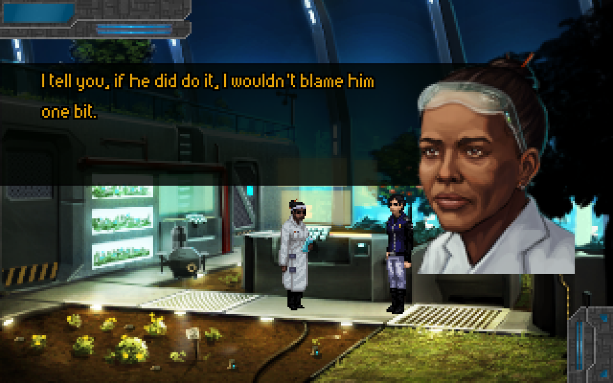 Technobabylon (Windows) screenshot: Dr. Chigwa knows quite a lot about the past of some characters...