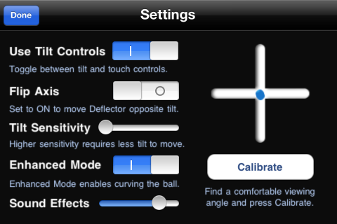 Vector Ball (iPhone) screenshot: Settings and calibration screen