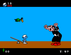The Smurfs (SEGA Master System) screenshot: Mr. Gargamel, please do a typical gesture.