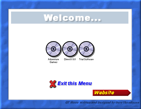 Family Adventure Games (Windows) screenshot: This is the compilations first menu screen. It offers the Adventure Games, Direct X, and some game demos