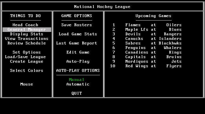 Hockey League Simulator (DOS) screenshot: The main menu