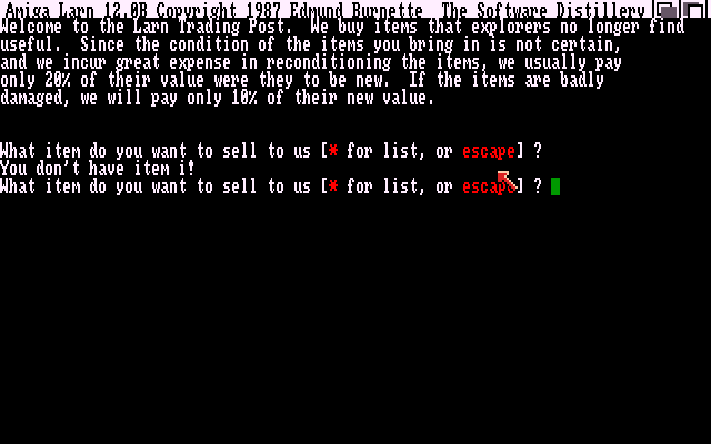 Larn (Amiga) screenshot: Visiting the trading post to sell items.