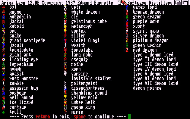 Larn (Amiga) screenshot: The various monsters you can encounter.