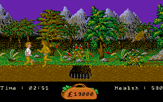 In 80 Days Around the World (Amiga) screenshot: Immediately assaulted by natives, animals and traps.