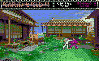 The Karate Kid: Part II - The Computer Game (Amiga) screenshot: Engaging with a high punch.