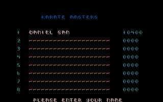 The Karate Kid: Part II - The Computer Game (Amiga) screenshot: Entering a high score.